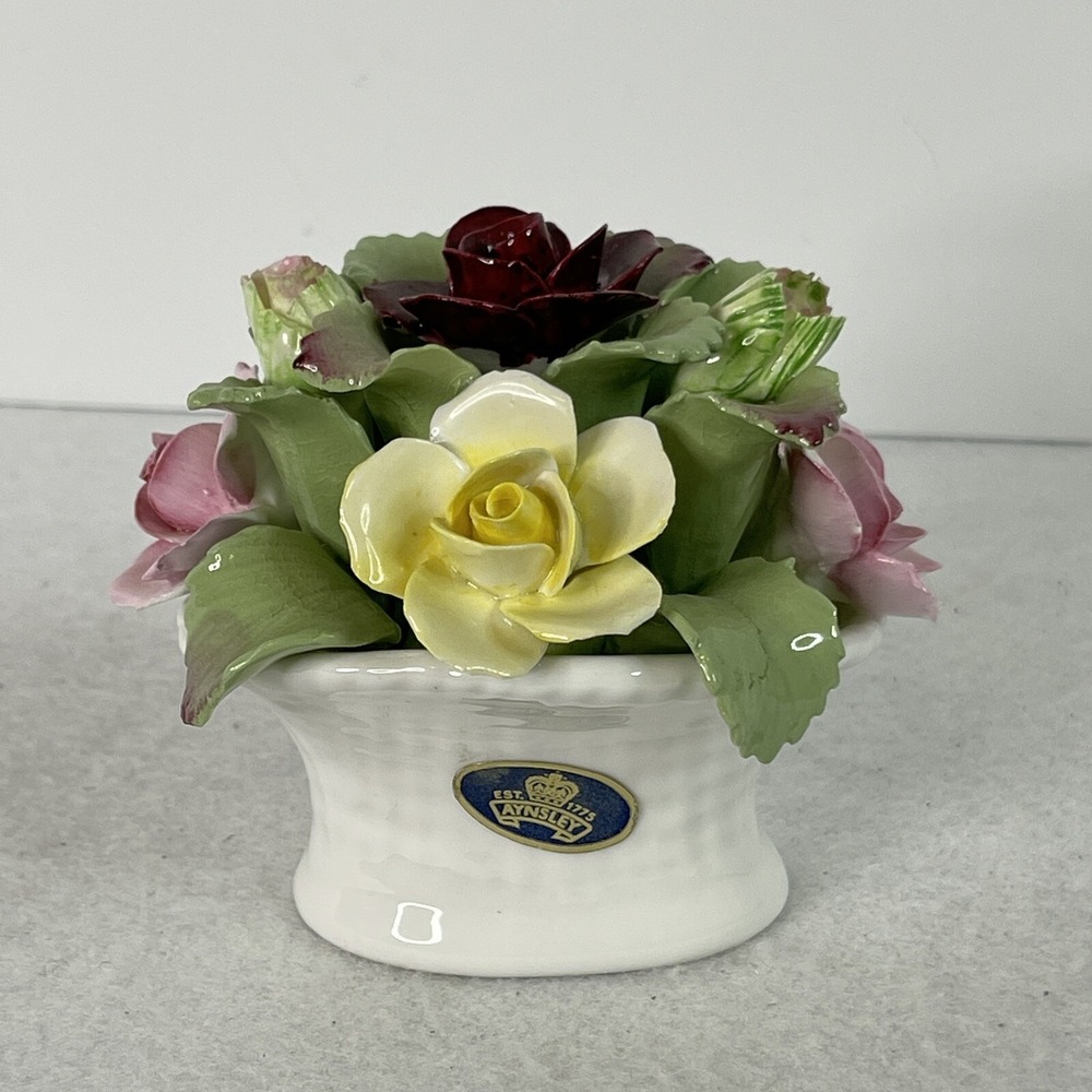 Aynsley England June Oval Basket With Roses Figurine Hand Molded And Painted 3"